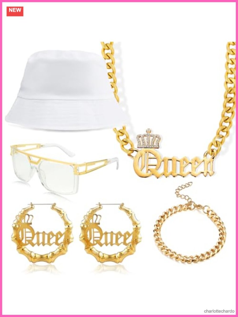 80s 90s Hip Hop Queen Costume Kit Hat Glasses Jewelry Accessories Set